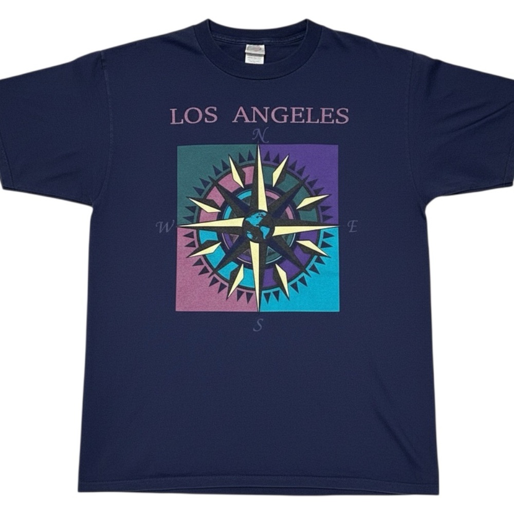 Vintage Los Angeles Compass Graphic Tee Jerzees Made in USA Navy Men's Large